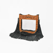 Load image into Gallery viewer, Reba Official PRCA &amp; NFR Licensed Collection®️ Floral Hand-Tooled Leather Frame Clear Stadium Fringe Crossbody Bag
