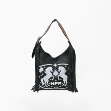 Load image into Gallery viewer, Melby black leather hobo bag with white embroidered rearing stallions and black fringe
