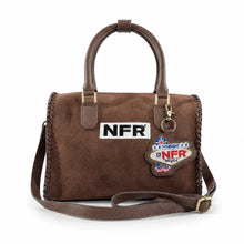 Load image into Gallery viewer, Charmayne brown suede NFR speedy bag with hand-braided edging and 40 years Las Vegas charm
