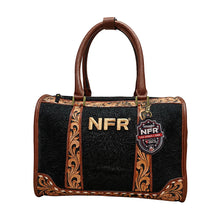 Load image into Gallery viewer, Josey black floral-embossed leather speedy bag with hand-tooled cognac trim and NFR charm
