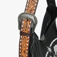 Load image into Gallery viewer, Melby black leather hobo bag with white embroidered rearing stallions and black fringe
