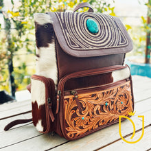 Load image into Gallery viewer, Sequoia Falls Tooled Leather and COwhide Western Backpack
