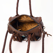 Load image into Gallery viewer, Reata leather barrel satchel in Chocolate, open zip top showing printed fabric lining and interior pockets
