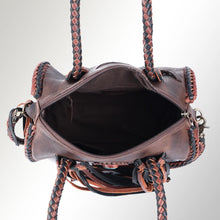 Load image into Gallery viewer, Reata leather barrel satchel in Espresso &amp; Black, open zip top showing dark interior lining
