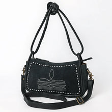Load image into Gallery viewer, Emilie black suede western shoulder bag, angled front view with white diamond whipstitch border and antique brass clasps
