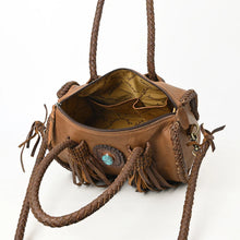Load image into Gallery viewer, Reata leather barrel satchel in Caramel, open zip top showing interior slip pockets and braided handles
