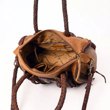 Load image into Gallery viewer, Reata leather barrel satchel in Honey Tan, open zip top showing printed fabric lining, interior zip pocket, and slip pockets
