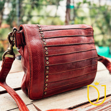 Load image into Gallery viewer, Washoe Lake Italian leather crossbody at an angle, showing the pleated flap, brass studs, and antique brass swivel clasp
