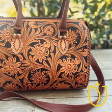 Load image into Gallery viewer, Whitby tooled leather bag, close-up of handles and hand-painted floral detail
