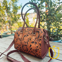 Load image into Gallery viewer, Whitby hand carved leather bag, close-up of floral tooling and leather handles
