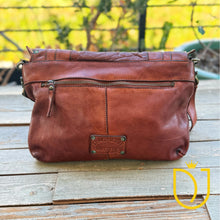 Load image into Gallery viewer, Back of the Venezia cognac Italian leather crossbody purse with full-width exterior zip pocket

