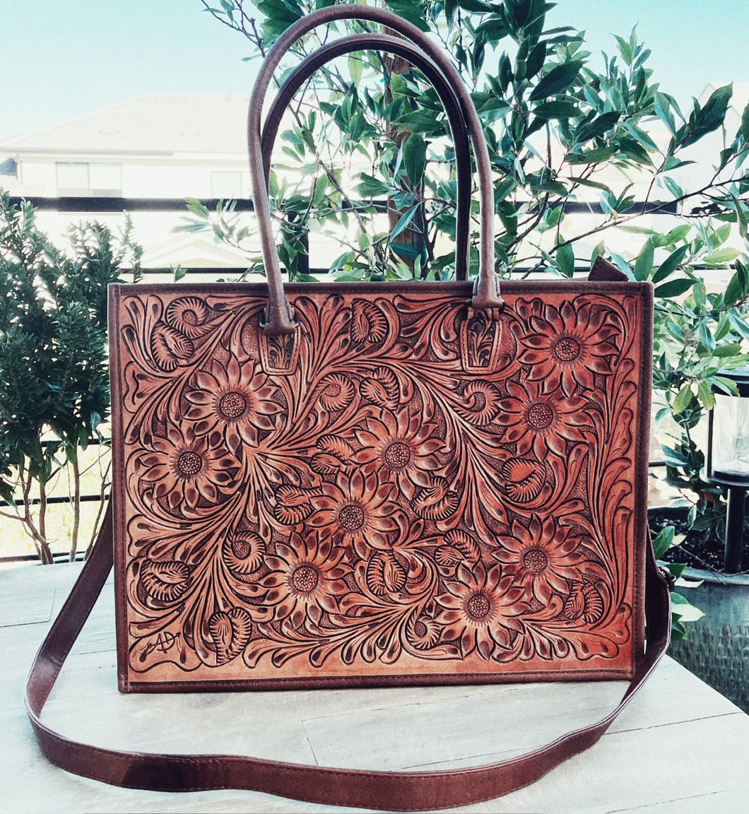 Copper Mountain Hand Tooled Leather Tote Bag