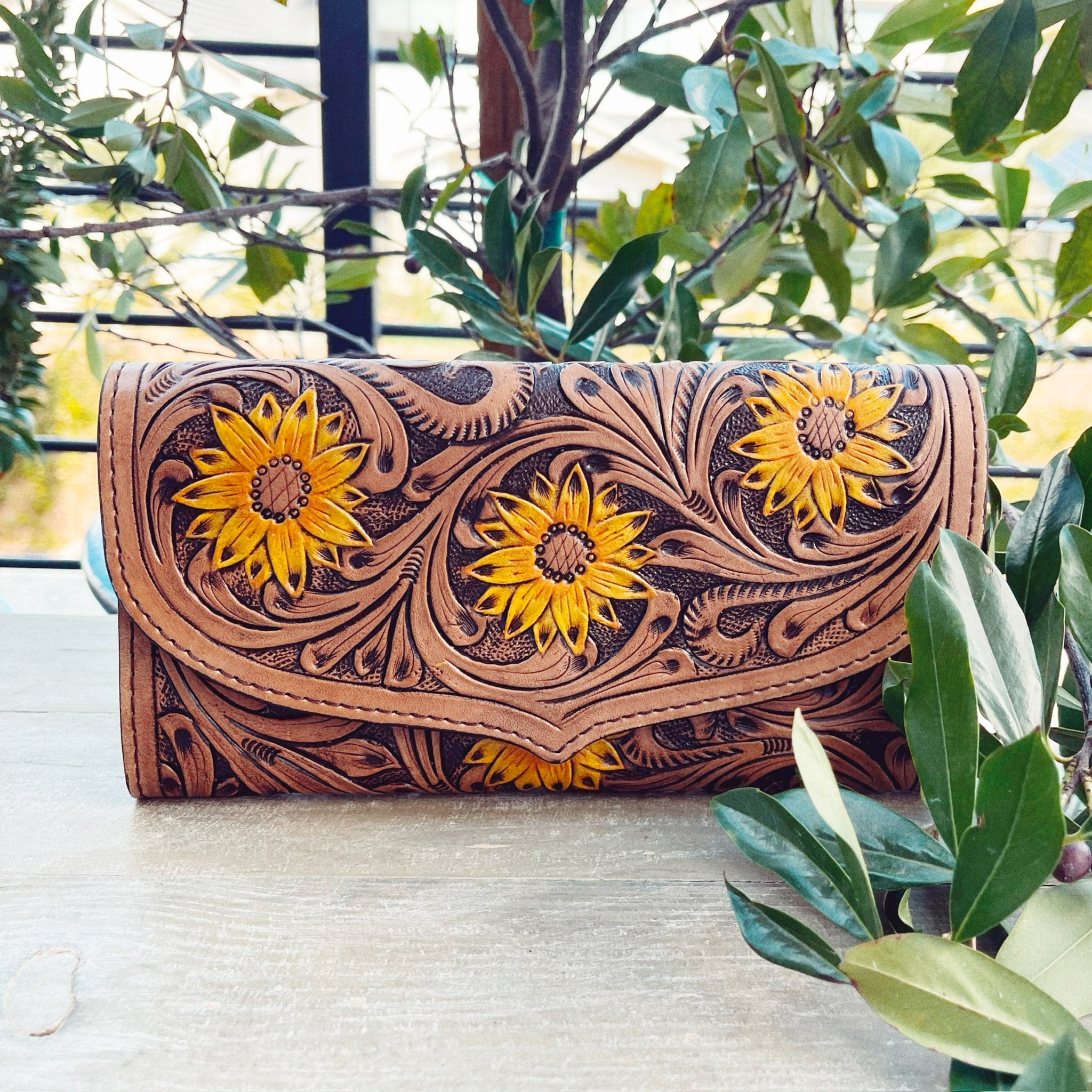 Sunflower Fields Hand Tooled Leather Wallet - Shop Dodi Jo's