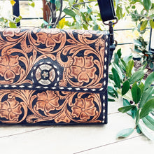 Load image into Gallery viewer, Sunset Range Hand Tooled Leather Crossbody Purse
