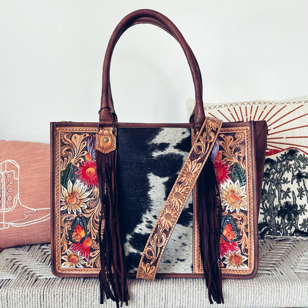 Spring Blooms Hand Tooled Leather Tote Bag