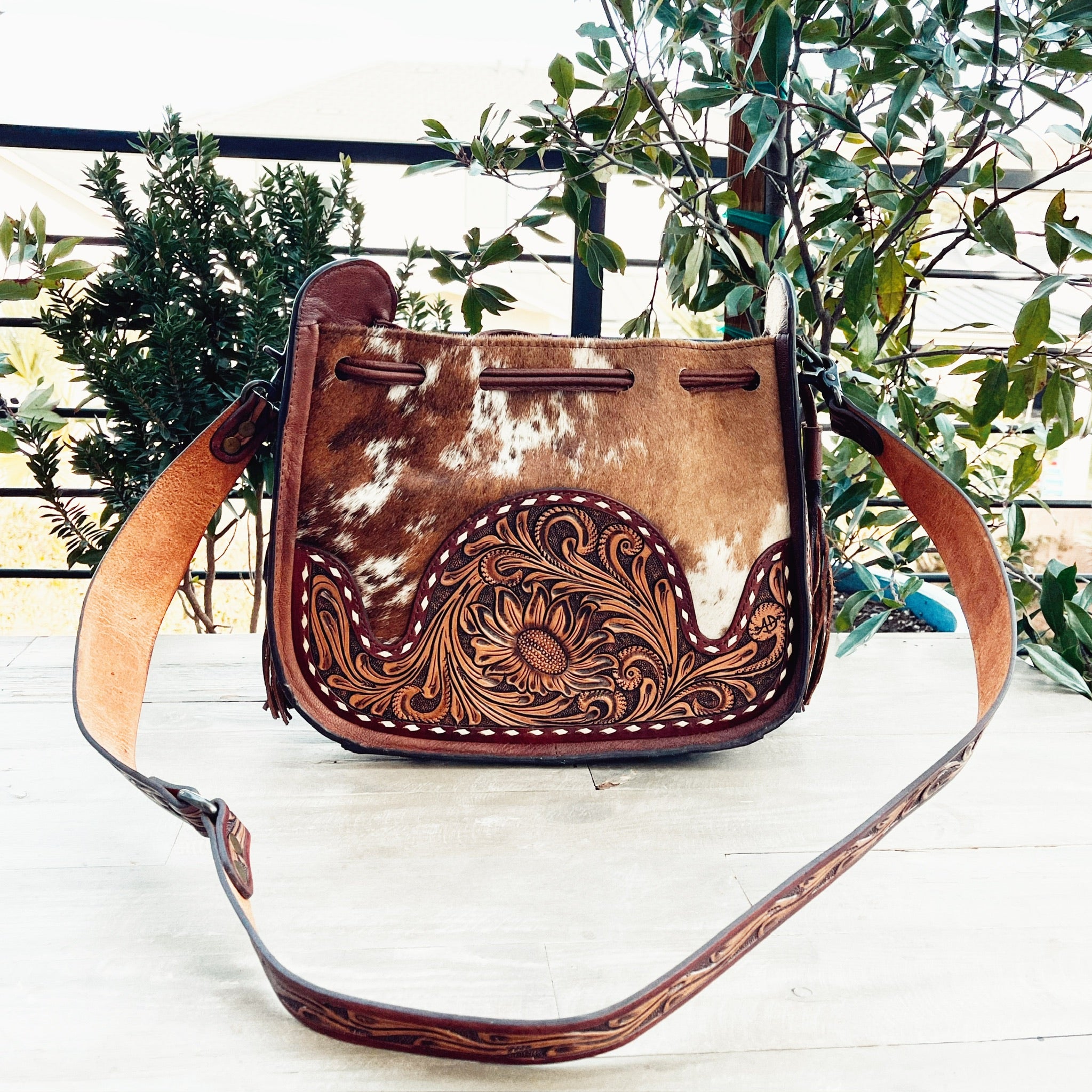 Merba Women's Handmade Cowhide Leather Hobo Bag - Aztec Patch Front, Double Handle, Canvas Body - View #10