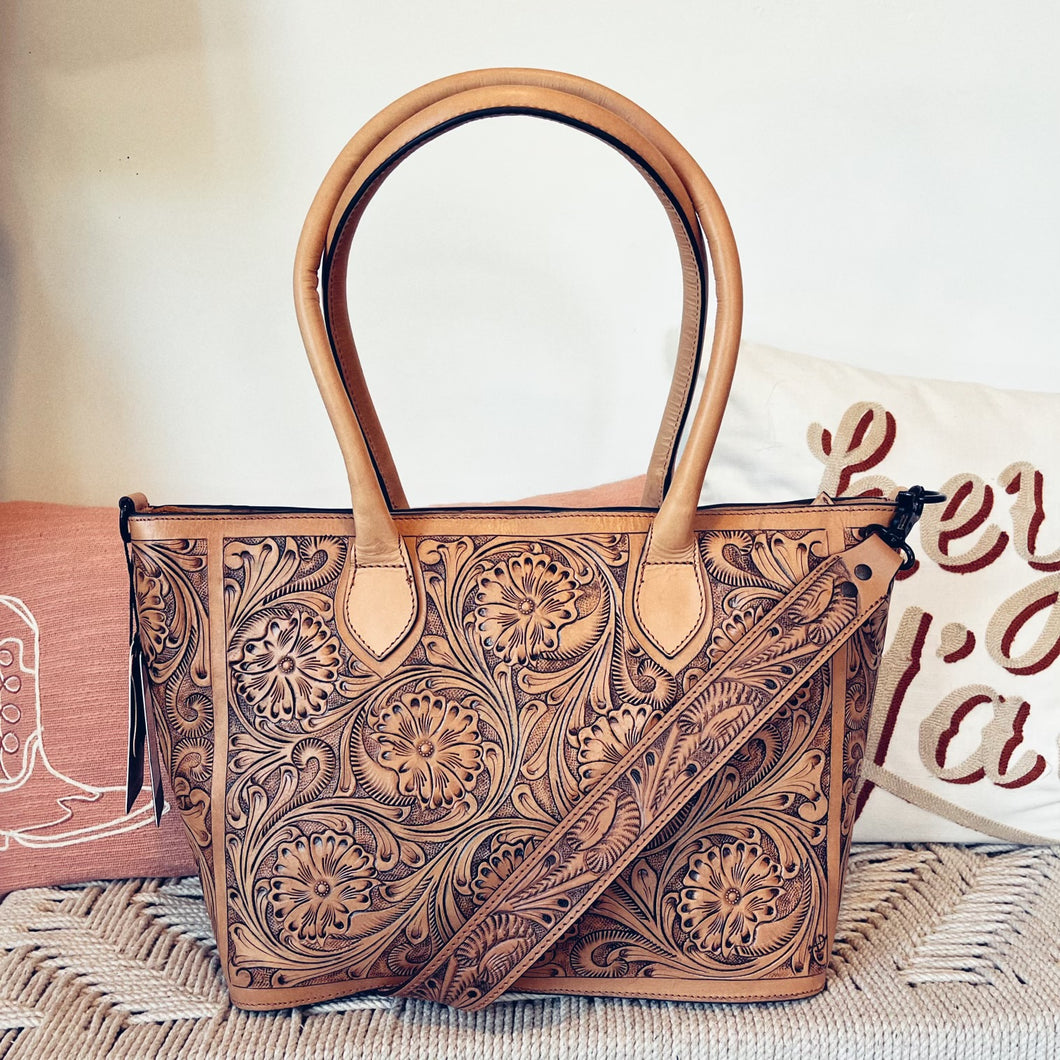Calf Creek Hand Tooled Leather Shoulder Tote Bag