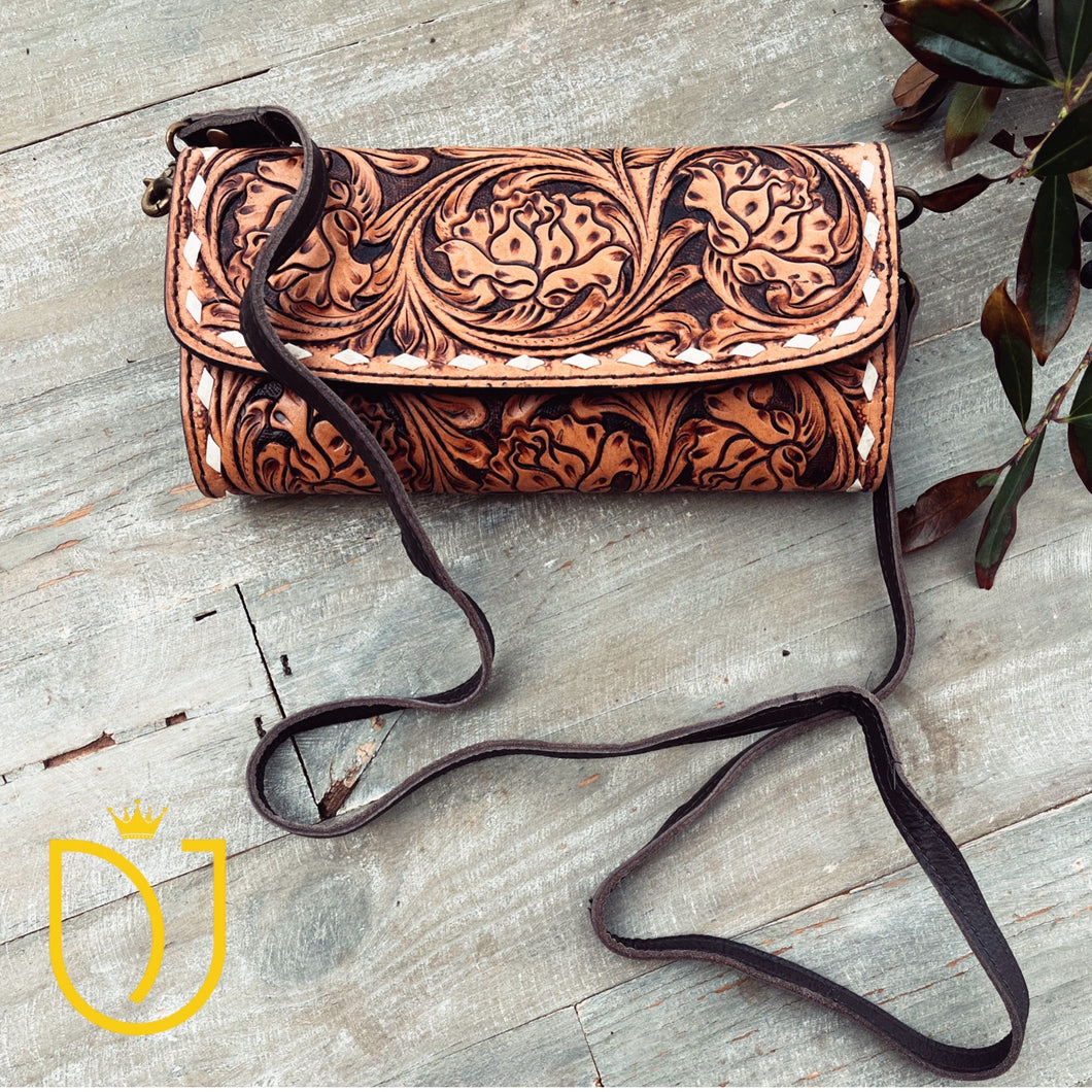 Dusty Pines Hand Tooled Leather Crossbody Wallet