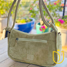 Load image into Gallery viewer, Emilie sage green suede purse interior with two interior pockets
