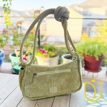 Load image into Gallery viewer, Emilie sage green suede bag back view with zipper pocket
