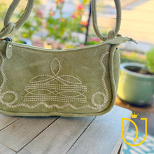 Load image into Gallery viewer, Emilie sage green suede crossbody purse detail with boot stitch embroidery

