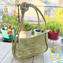 Load image into Gallery viewer, Emilie sage green suede shoulder bag with western boot stitch detail
