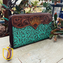 Load image into Gallery viewer, Turquoise Painted Sunflower Hand Tooled Leather Wallet
