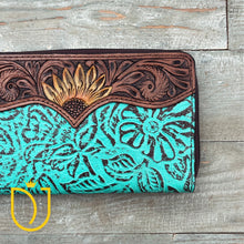 Load image into Gallery viewer, Turquoise Painted Sunflower Hand Tooled Leather Wallet
