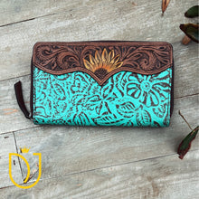 Load image into Gallery viewer, Turquoise Painted Sunflower Hand Tooled Leather Wallet
