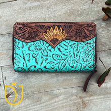 Load image into Gallery viewer, Turquoise Painted Sunflower Hand Tooled Leather Wallet
