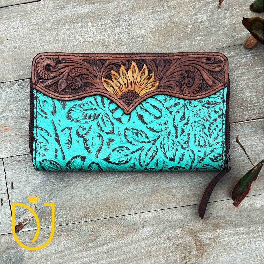 Turquoise Painted Sunflower Hand Tooled Leather Wallet