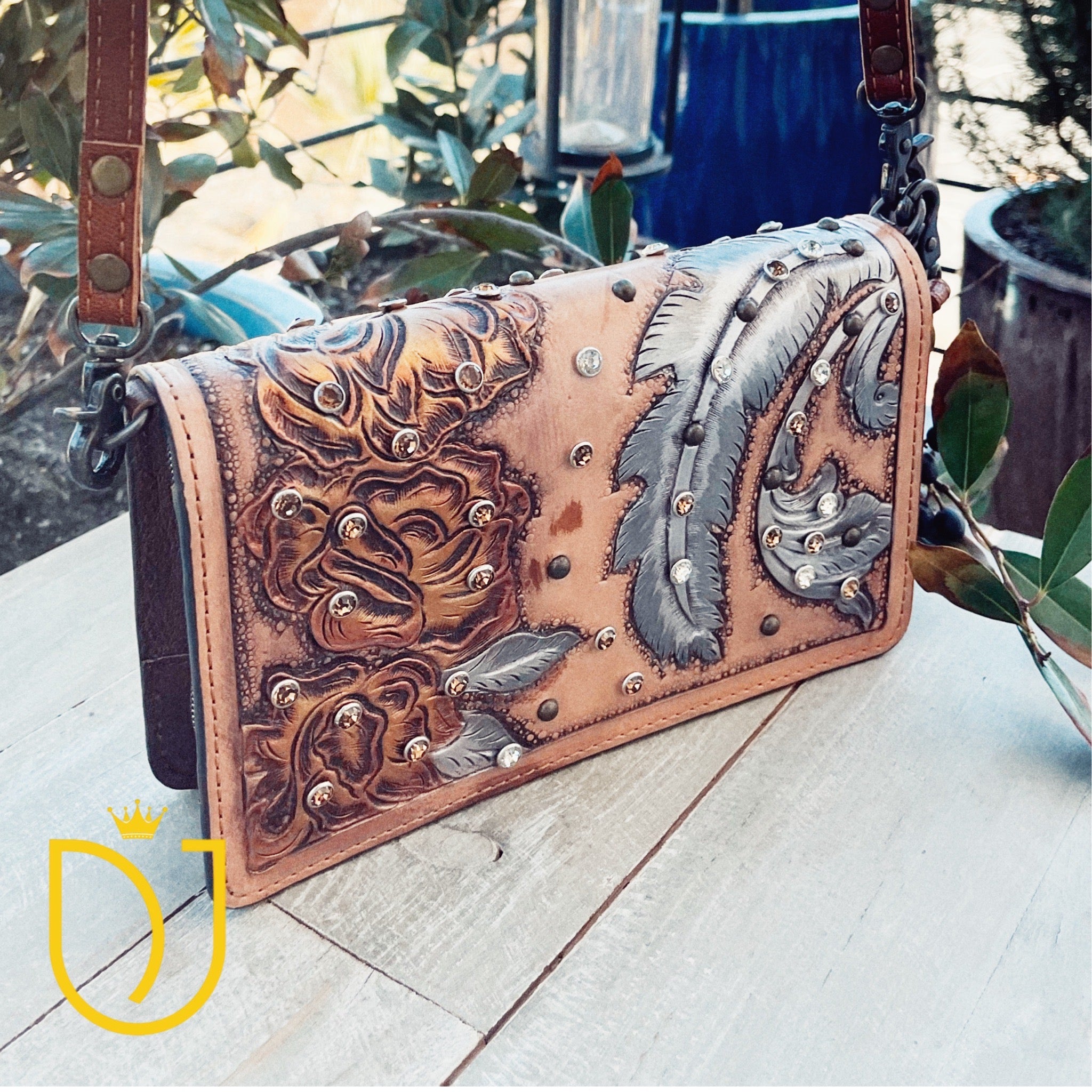 Boho Bloom Hand Tooled Leather Crossbody Wallet