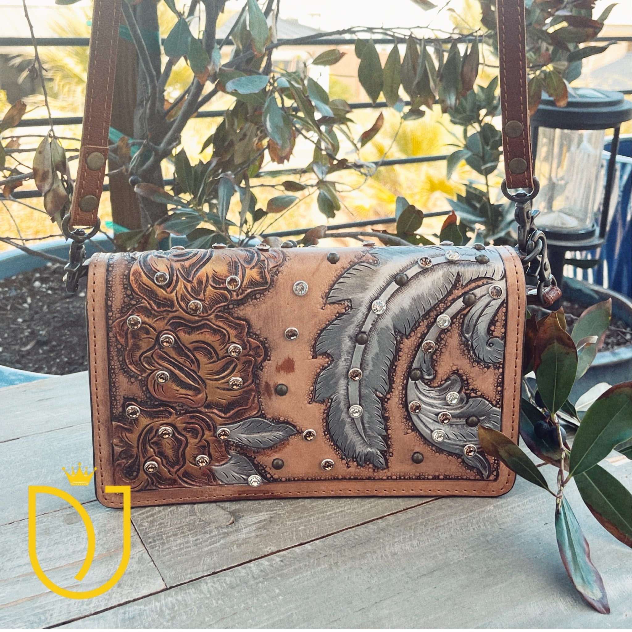Boho Bloom Hand Tooled Leather Crossbody Wallet