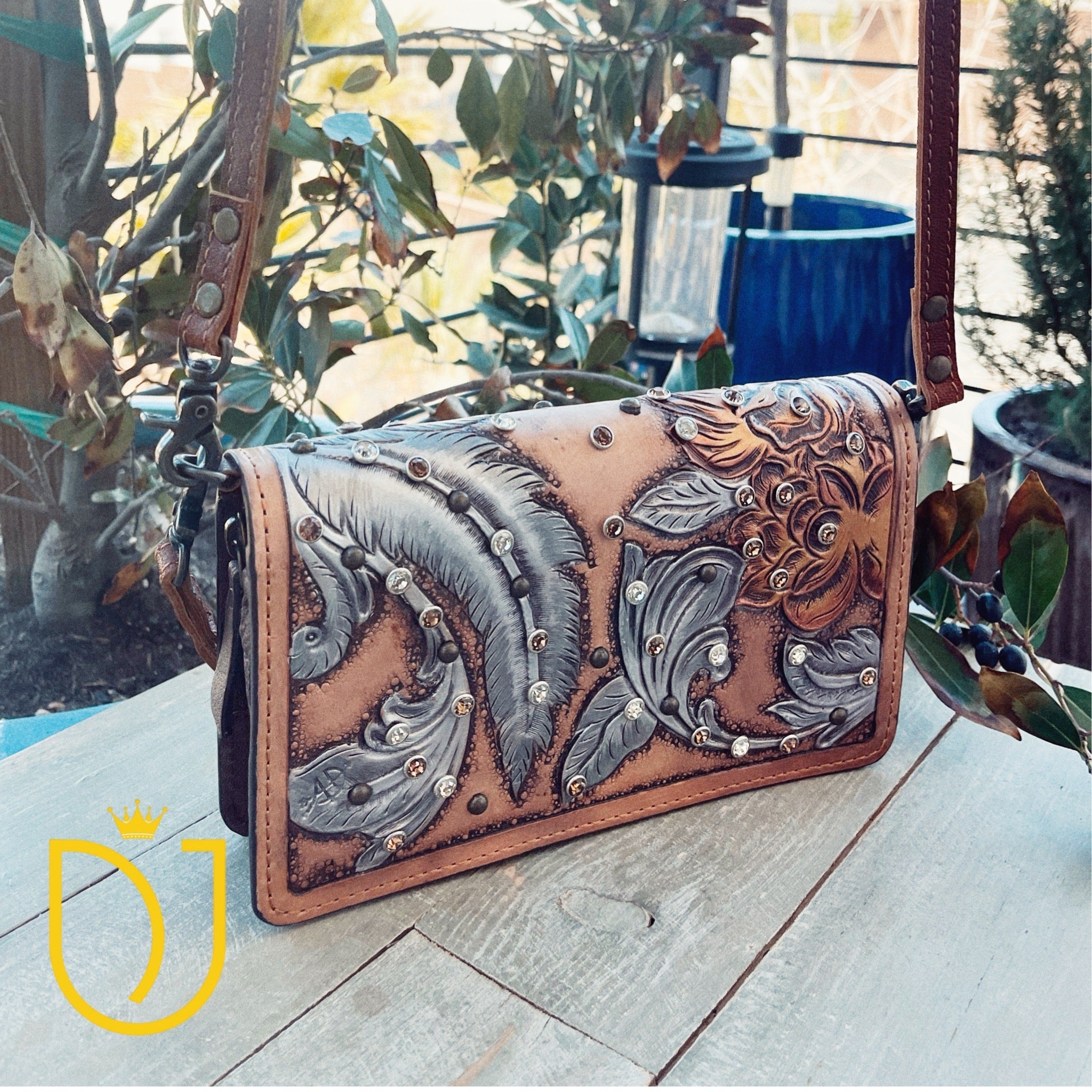 Boho Bloom Hand Tooled Leather Crossbody Wallet