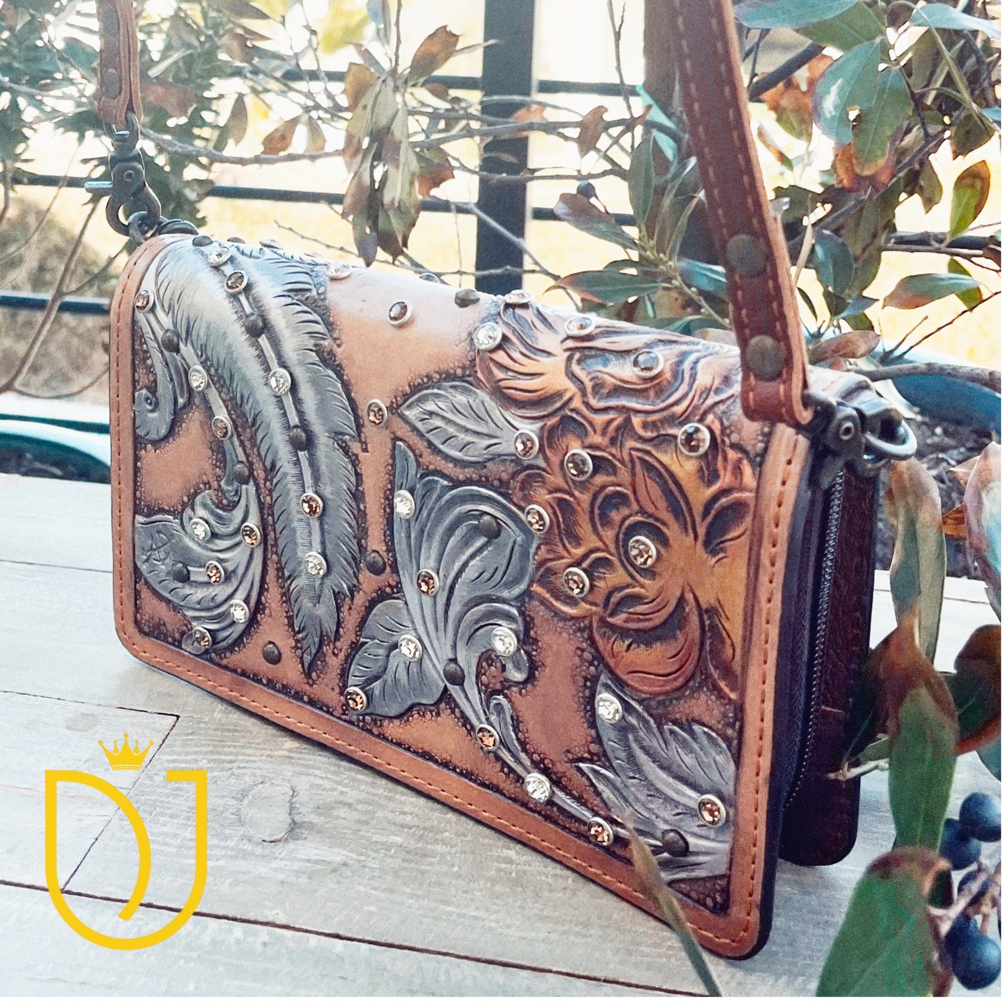 Boho Bloom Hand Tooled Leather Crossbody Wallet