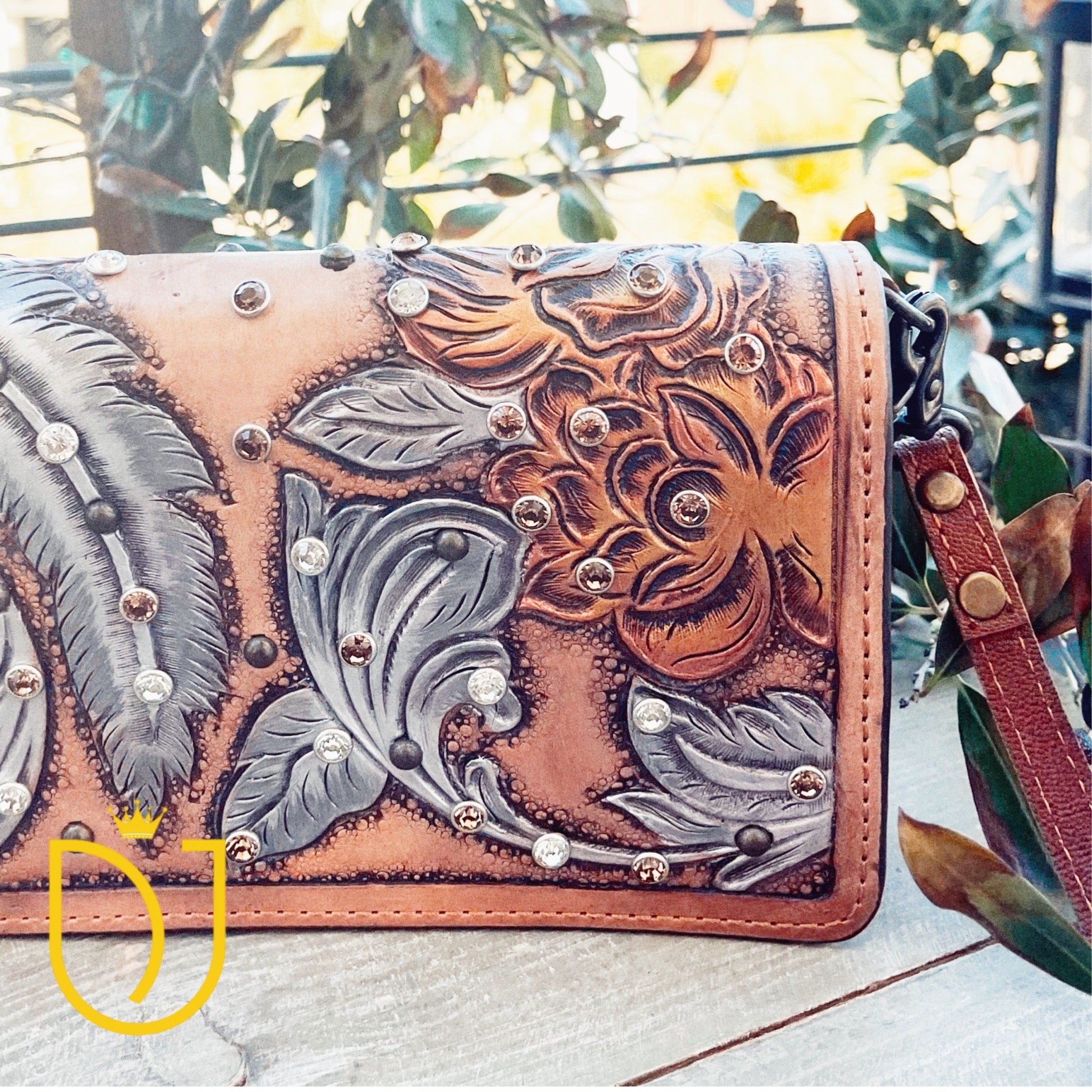 Boho Bloom Hand Tooled Leather Crossbody Wallet