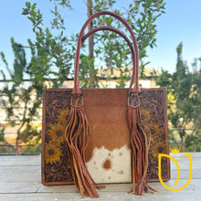 Load image into Gallery viewer, Field of Sunflowers Hand Tooled Leather Tote Bag
