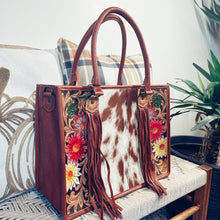 Load image into Gallery viewer, Spring Blooms Tan Hand Tooled Leather Tote Bag

