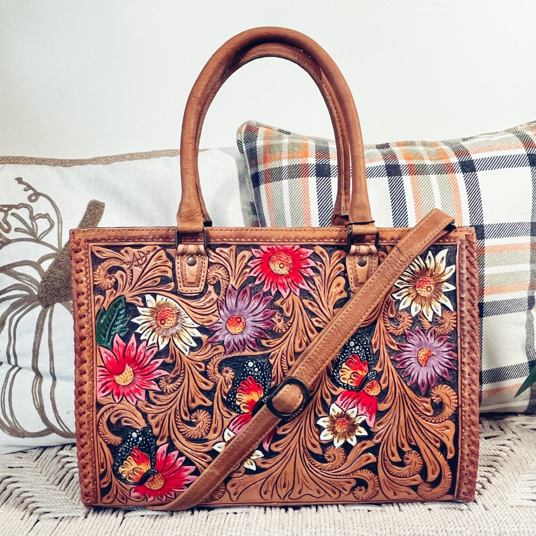 Spring Blooms Rachel Hand Tooled Leather Tote Bag