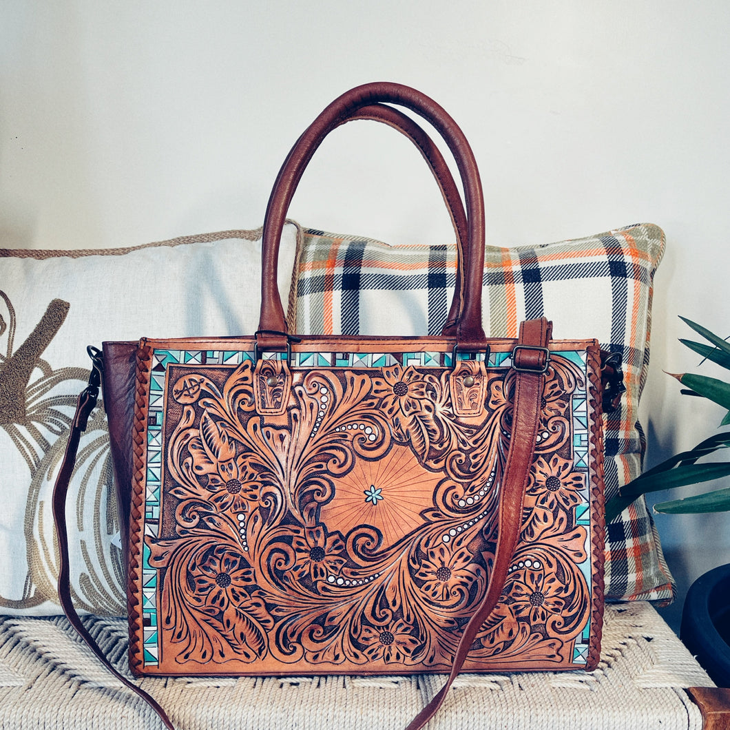 Park Hill Western All Tooled Leather Shoulder Tote Bag