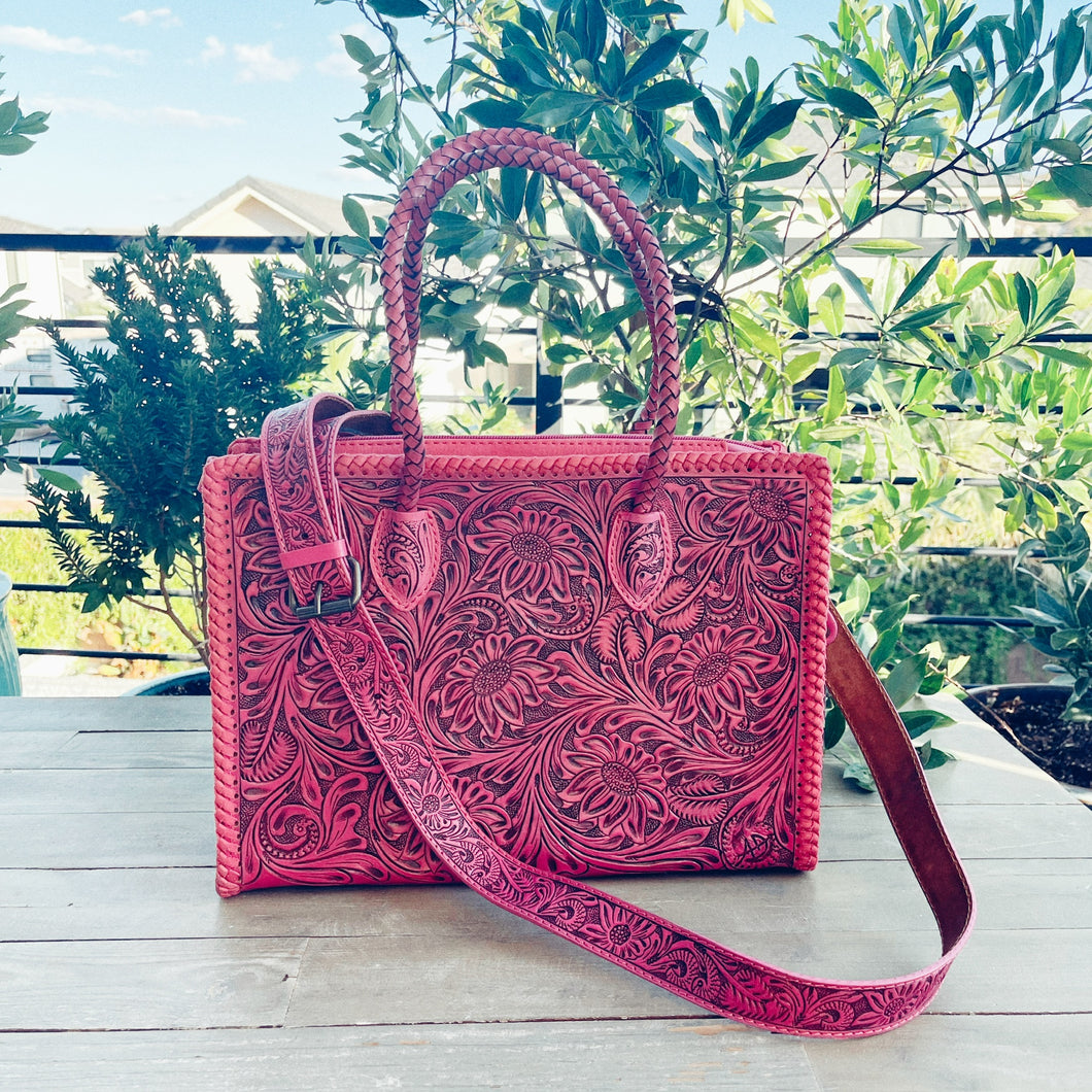 Pretty In Pink Hand Tooled Leather Tote Bag