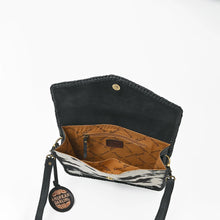 Load image into Gallery viewer, Magpie crossbody open, showing magnetic snap, lined interior, zip pocket and slip pocket
