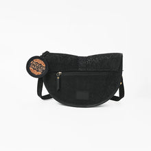 Load image into Gallery viewer, Back of the Nightshade saddle crossbody showing exterior zip pocket
