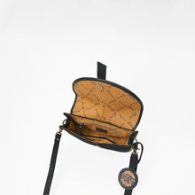 Load image into Gallery viewer, Nightshade crossbody open, showing magnetic snap, lined interior, zip pocket and slip pocket
