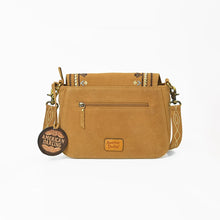 Load image into Gallery viewer, Back of the Lodestar tan suede crossbody showing the exterior zip pocket and antique brass clasps
