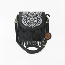 Load image into Gallery viewer, Raven embroidered leather fringe crossbody bag, front view with adjustable black leather strap
