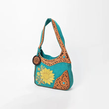 Load image into Gallery viewer, Holland Hobo turquoise suede leather bag with sunflower embroidery and hand-tooled trim
