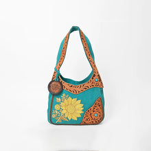 Load image into Gallery viewer, Holland Hobo turquoise suede leather bag with sunflower embroidery and hand-tooled trim
