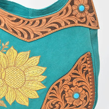 Load image into Gallery viewer, Holland Hobo turquoise suede leather bag with sunflower embroidery and hand-tooled trim

