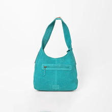 Load image into Gallery viewer, Holland Hobo turquoise suede leather bag with sunflower embroidery and hand-tooled trim
